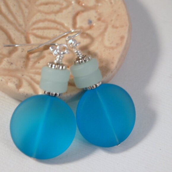 Blue and Green Sea Glass Beaded Dangle Pierced or Clip-on Earrings - Picture 3 of 10